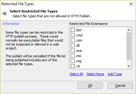 The Restricted File Types dialog.